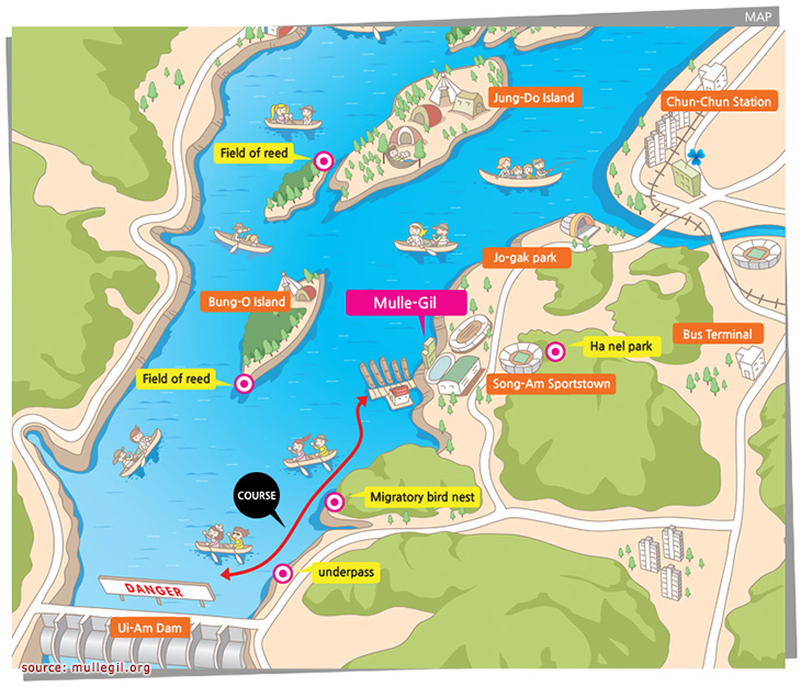 แผนที่ิบริเวณพายเรือแคนนูที่ ชุนชอน มุลเลกิล Chuncheon Mulle-Gil