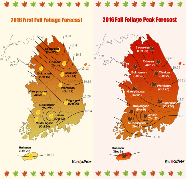 พยากรณ์ใบไม้เปลี่ยนสีเกาหลี ปี 2016